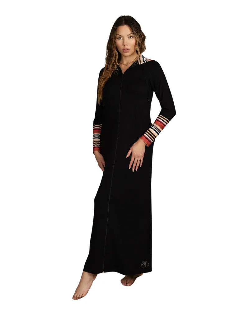 1117 Striped Trim Zippered Morning Robe