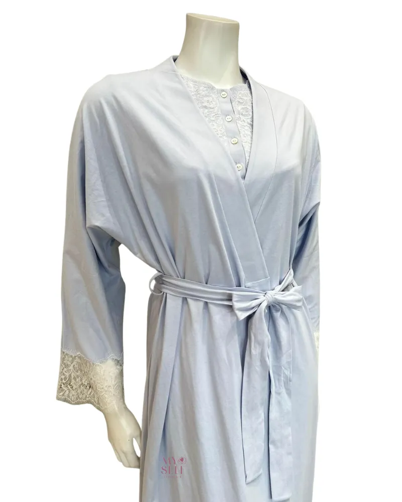 23317AC Powder Blue Lace Sleeve Detail 100% Organic Cotton Wrap Robe