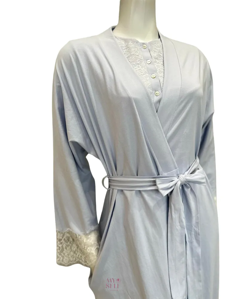 23317AC Powder Blue Lace Sleeve Detail 100% Organic Cotton Wrap Robe