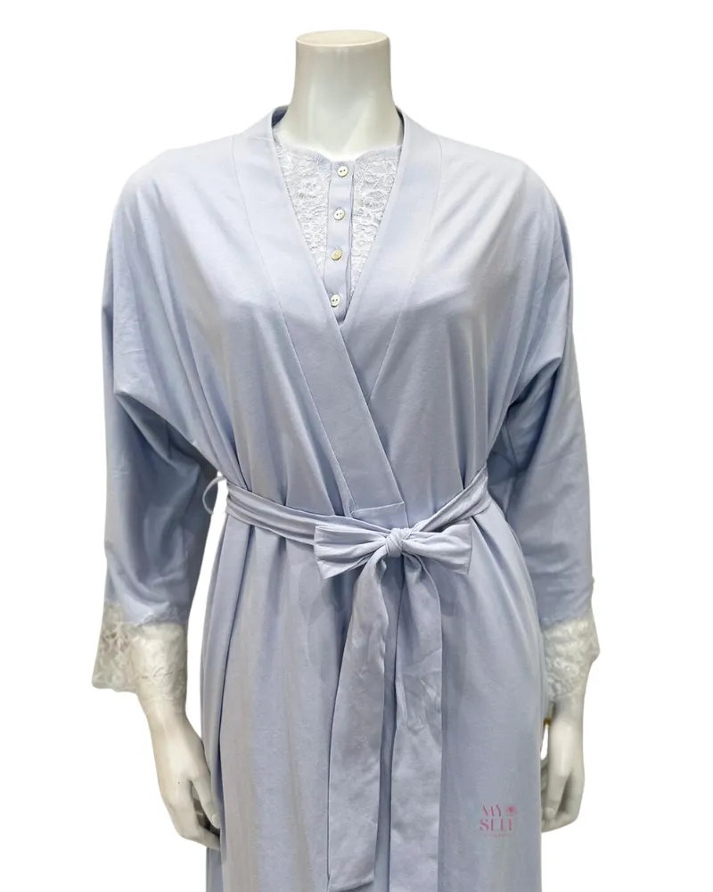 23317AC Powder Blue Lace Sleeve Detail 100% Organic Cotton Wrap Robe