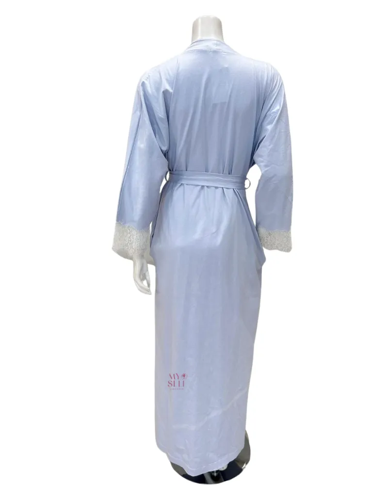 23317AC Powder Blue Lace Sleeve Detail 100% Organic Cotton Wrap Robe