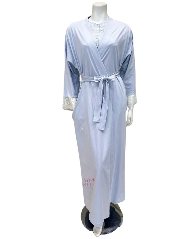 23317AC Powder Blue Lace Sleeve Detail 100% Organic Cotton Wrap Robe