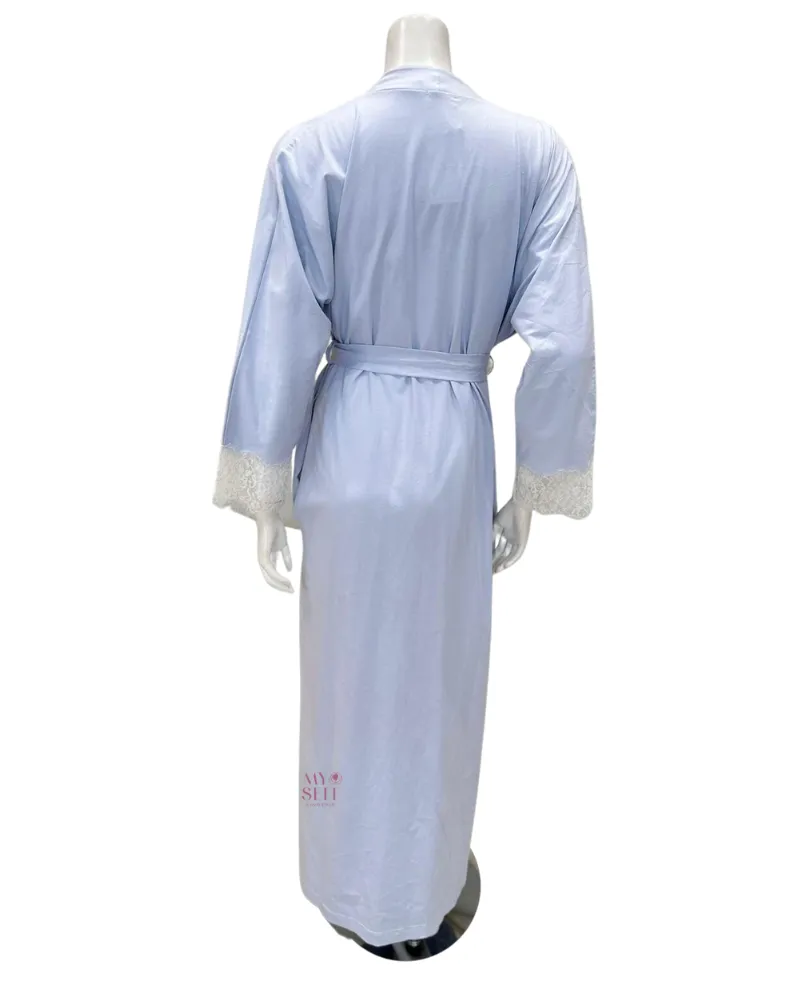 23317AC Powder Blue Lace Sleeve Detail 100% Organic Cotton Wrap Robe
