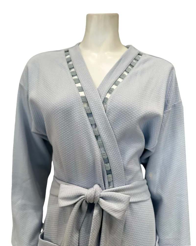24303C Sky Blue Threaded Stitches Cotton Blend Textured Wrap Robe