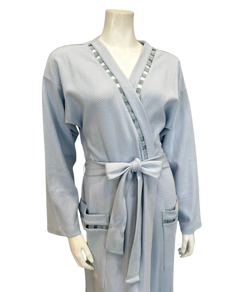 24303C Sky Blue Threaded Stitches Cotton Blend Textured Wrap Robe