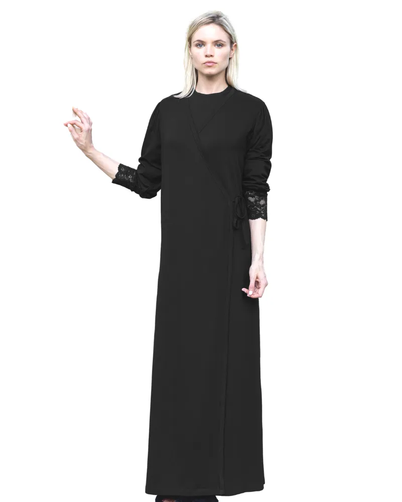 615 Lace Cuff Black Cotton Morning Robe Wrap