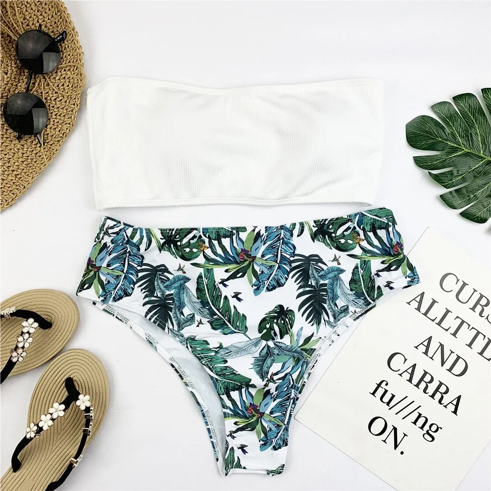Bandeau Print Low Rise Thong Bottom Bikinis