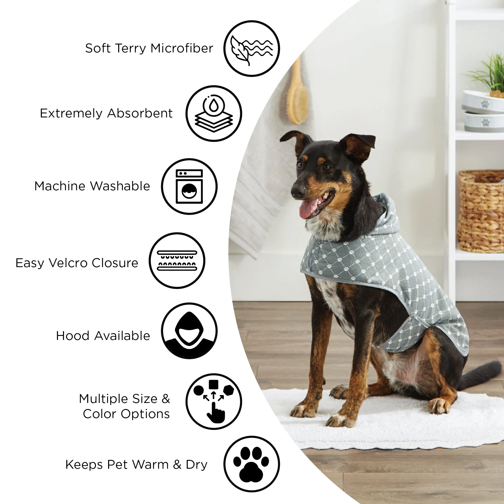 Bone Dry Terry Microfiber Pet Robe, Embroidered Paw Print - Taupe - X-Small, up to 10 Lbs