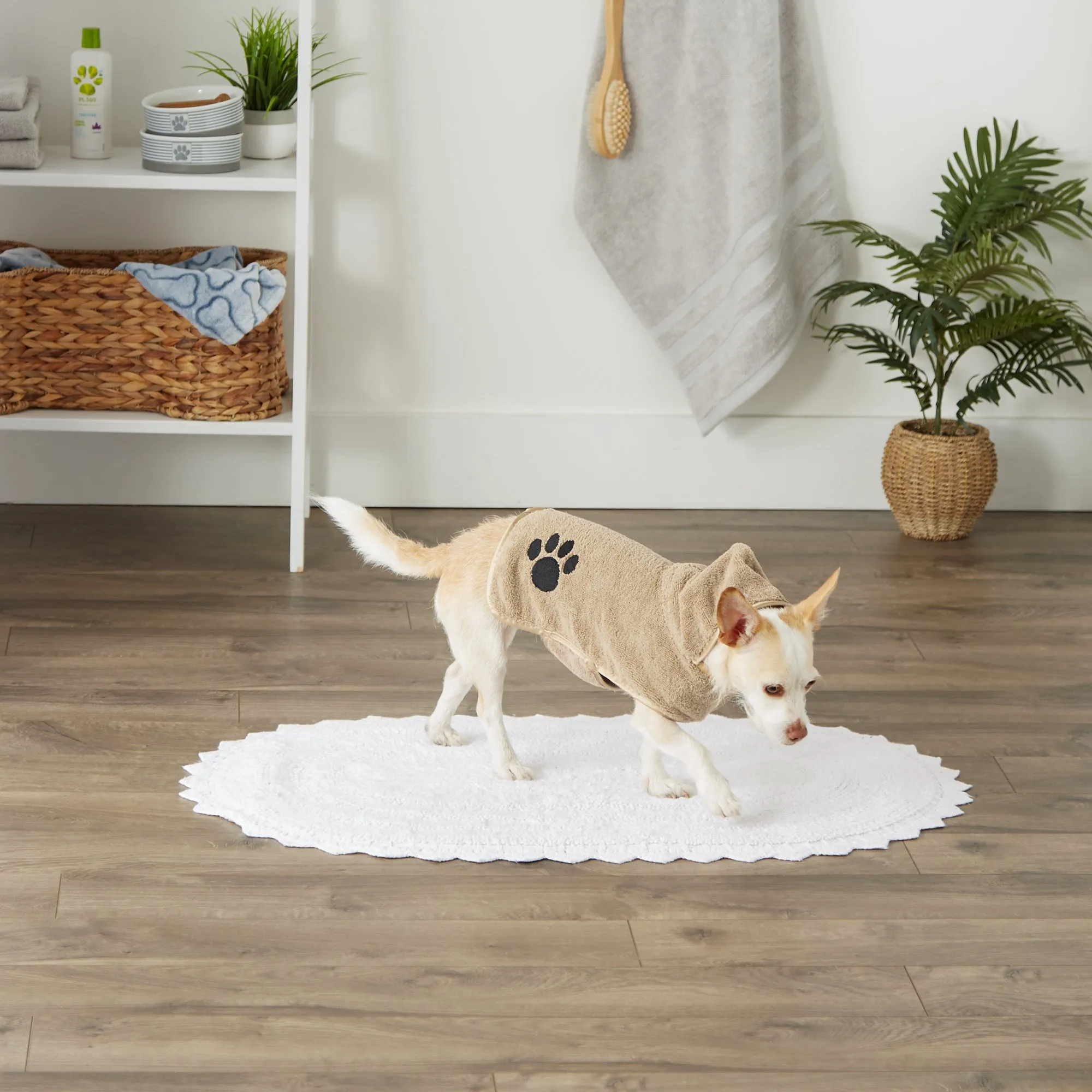 Bone Dry Terry Microfiber Pet Robe, Embroidered Paw Print - Taupe - X-Small, up to 10 Lbs
