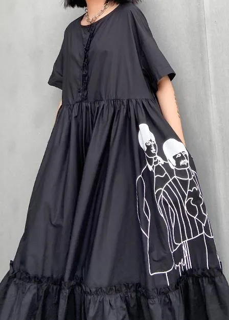 Classy black print cotton clothes o neck Cinched cotton robes summer Dresses
