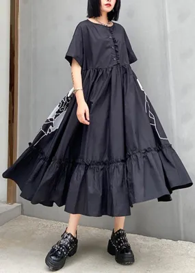 Classy black print cotton clothes o neck Cinched cotton robes summer Dresses