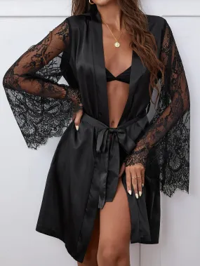 Contrast Eyelash Lace Belted Satin Robe Without Lingerie