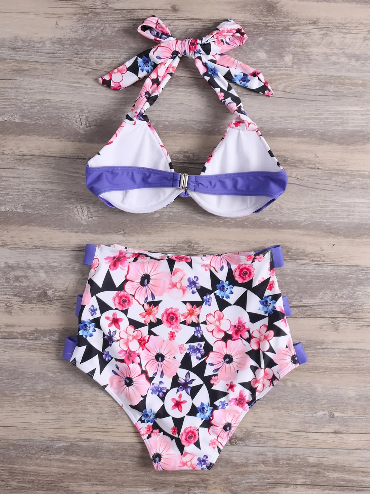 Custom Halter Floral Print Cut Out Tie-Up Sleeveless High-Waisted Purple Bikini Set
