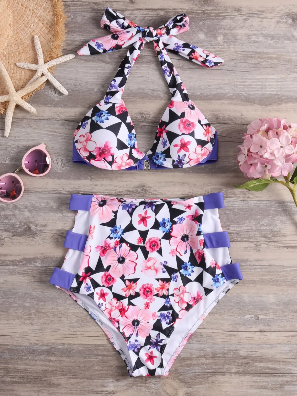 Custom Halter Floral Print Cut Out Tie-Up Sleeveless High-Waisted Purple Bikini Set