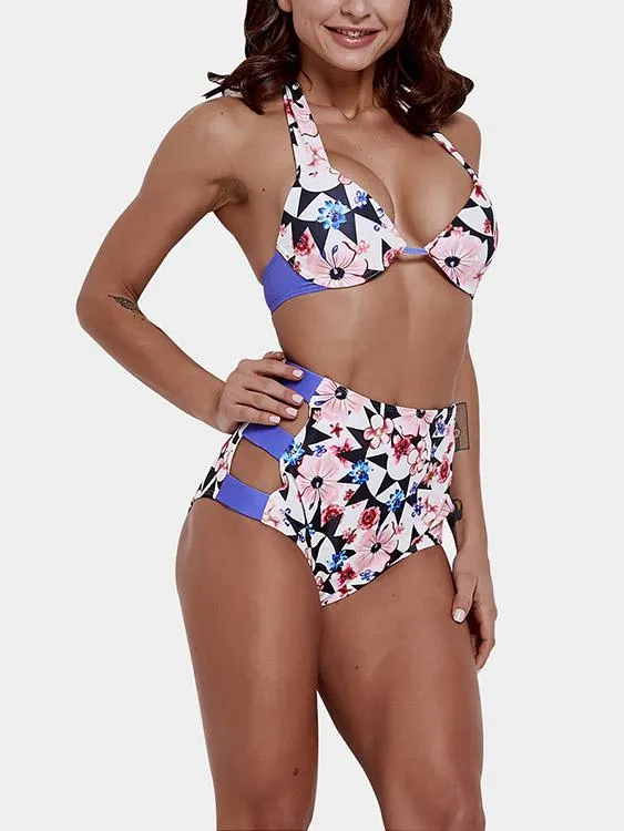 Custom Halter Floral Print Cut Out Tie-Up Sleeveless High-Waisted Purple Bikini Set