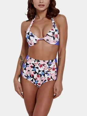 Custom Halter Floral Print Cut Out Tie-Up Sleeveless High-Waisted Purple Bikini Set