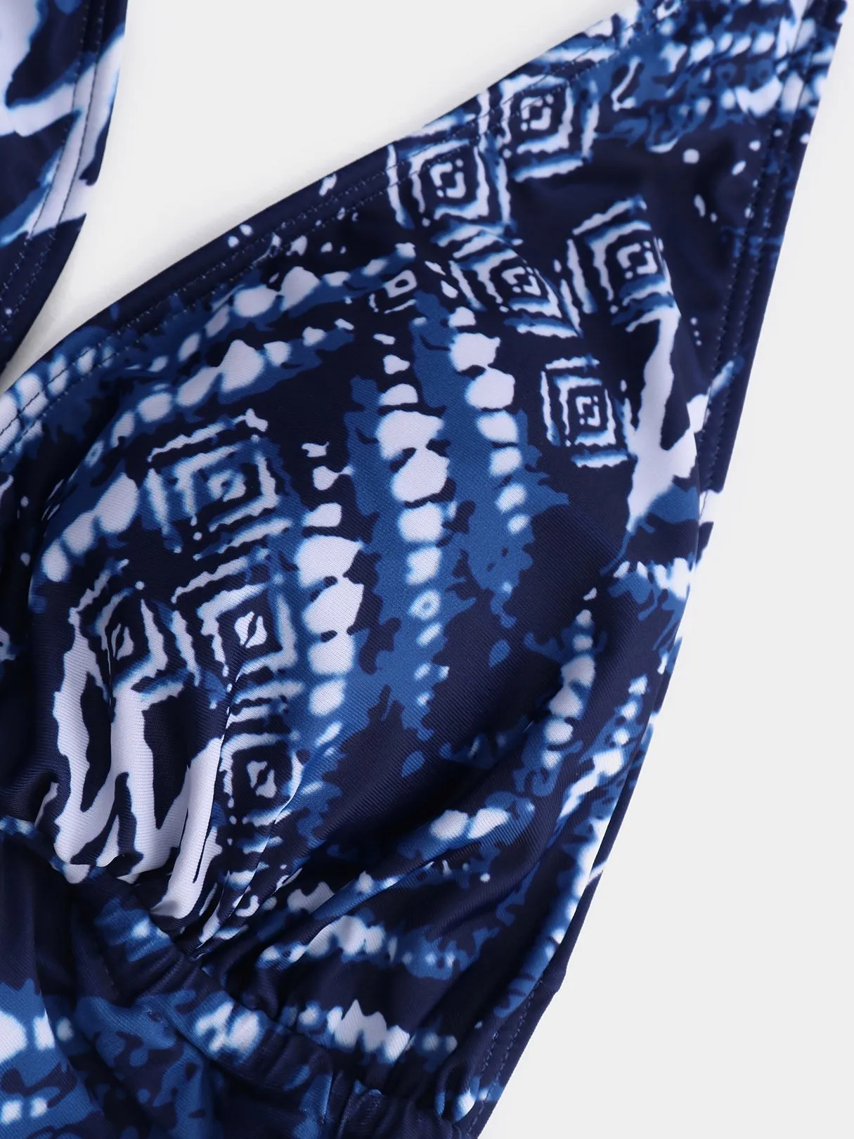 Custom Halter Tribal Print Backless Lace-Up Blue Bikinis