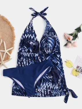 Custom Halter Tribal Print Backless Lace-Up Blue Bikinis