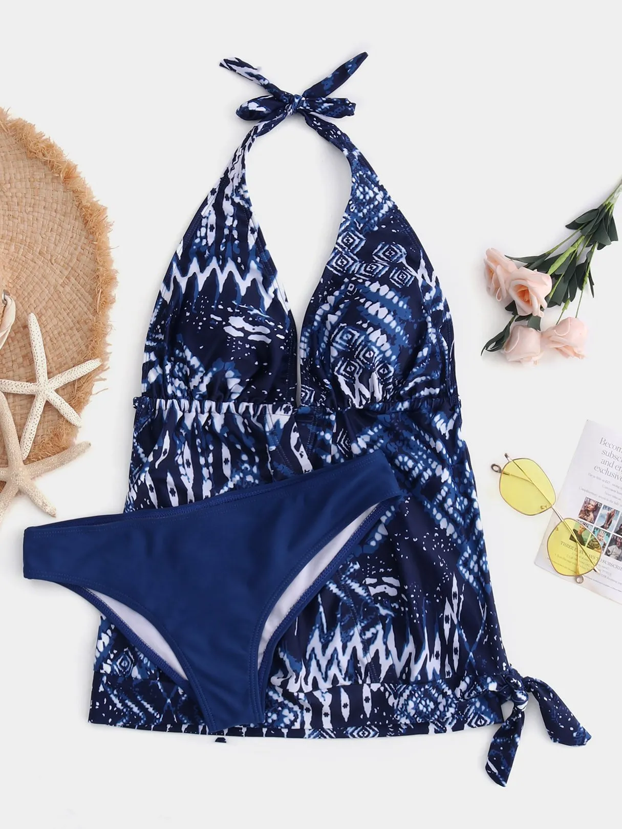 Custom Halter Tribal Print Backless Lace-Up Blue Bikinis