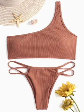Custom One Shoulder Sleeveless Khaki Bikini Set