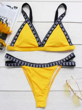 Custom Plain Spaghetti Strap Sleeveless V-Neck Yellow Bikini Set