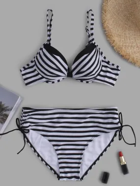 Custom Strapless Stripe Backless Self-Tie Sleeveless Black Bikinis