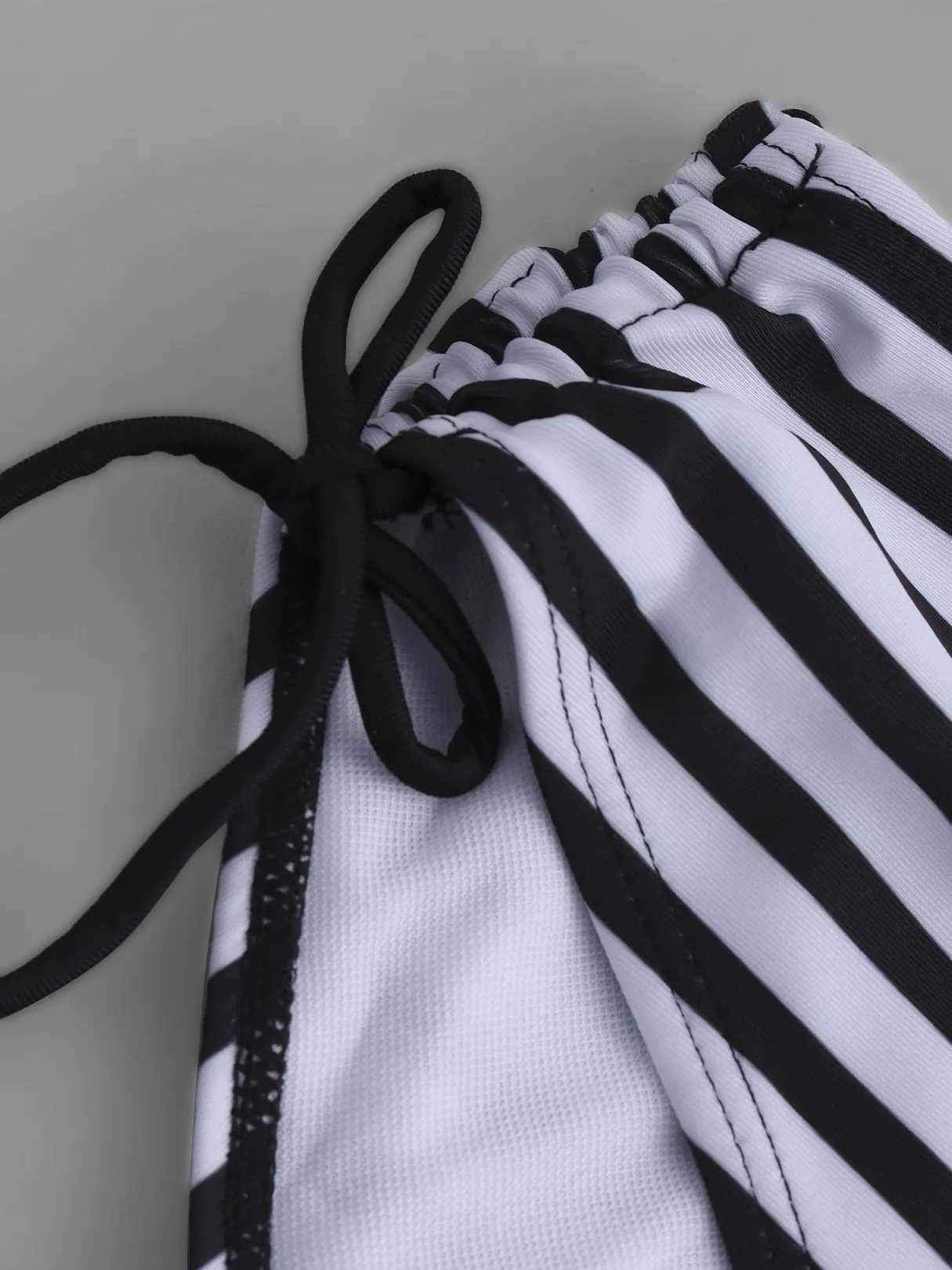Custom Strapless Stripe Backless Self-Tie Sleeveless Black Bikinis