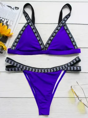 Custom V-Neck Plain Cut Out Sleeveless Blue Bikini Set