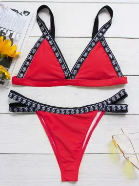 Custom V-Neck Plain Cut Out Sleeveless Red Bikini Set