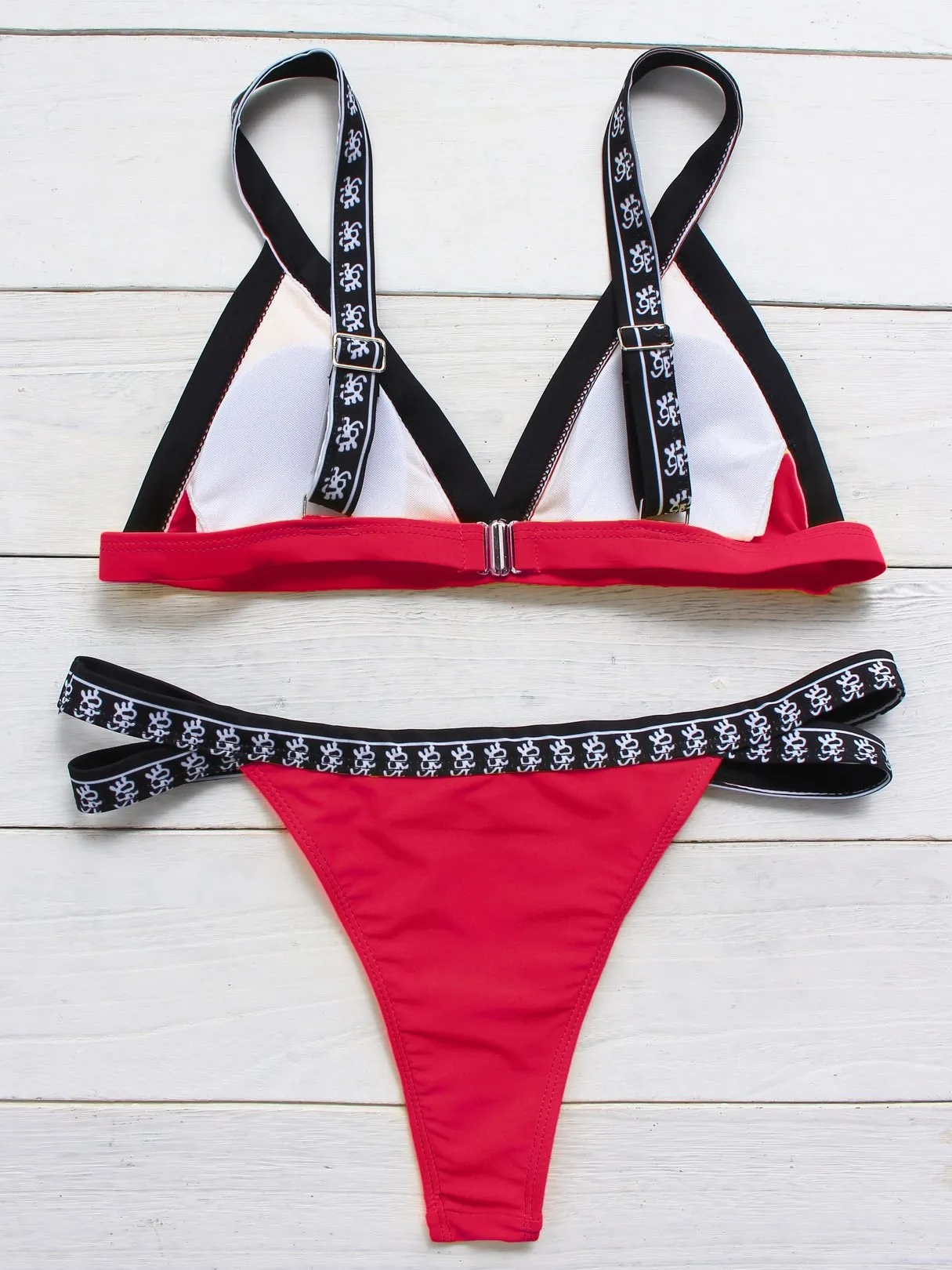 Custom V-Neck Plain Cut Out Sleeveless Red Bikini Set