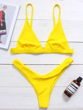 Custom V-Neck Plain Spaghetti Strap Sleeveless Yellow Bikini Set