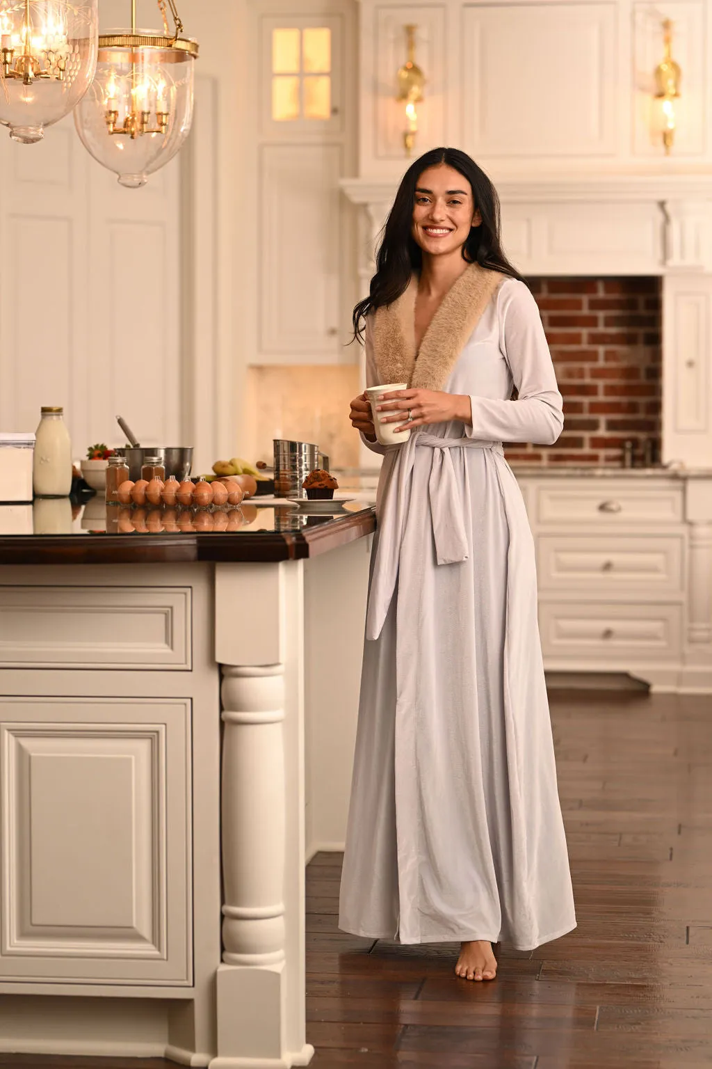 Eleanor Fur Trimmed Robe - Cafe Au Lait