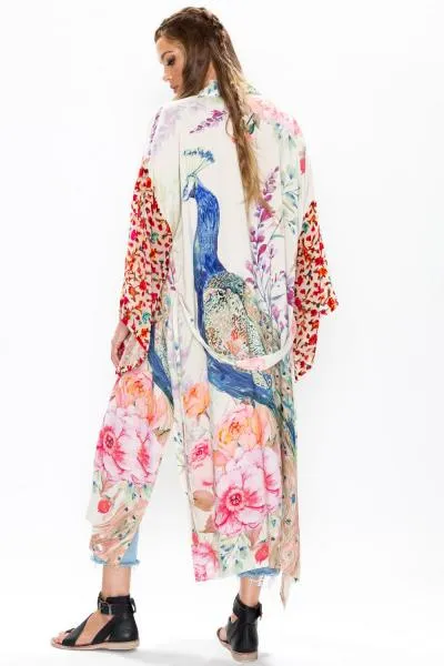 Fantasy Kimono - Ivory Peacock Print -