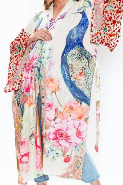 Fantasy Kimono - Ivory Peacock Print -