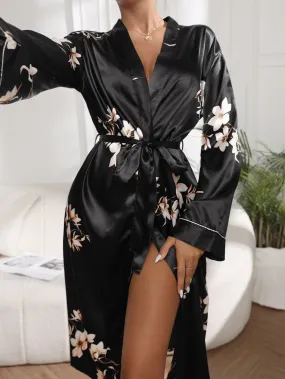 Floral Print Belted Satin Robe