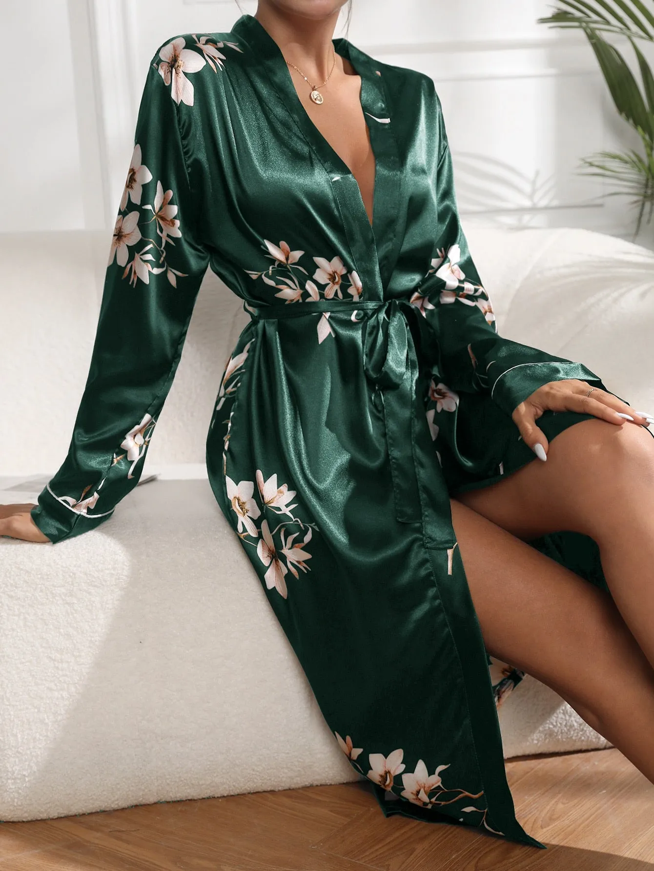 Floral Print Belted Satin Robe