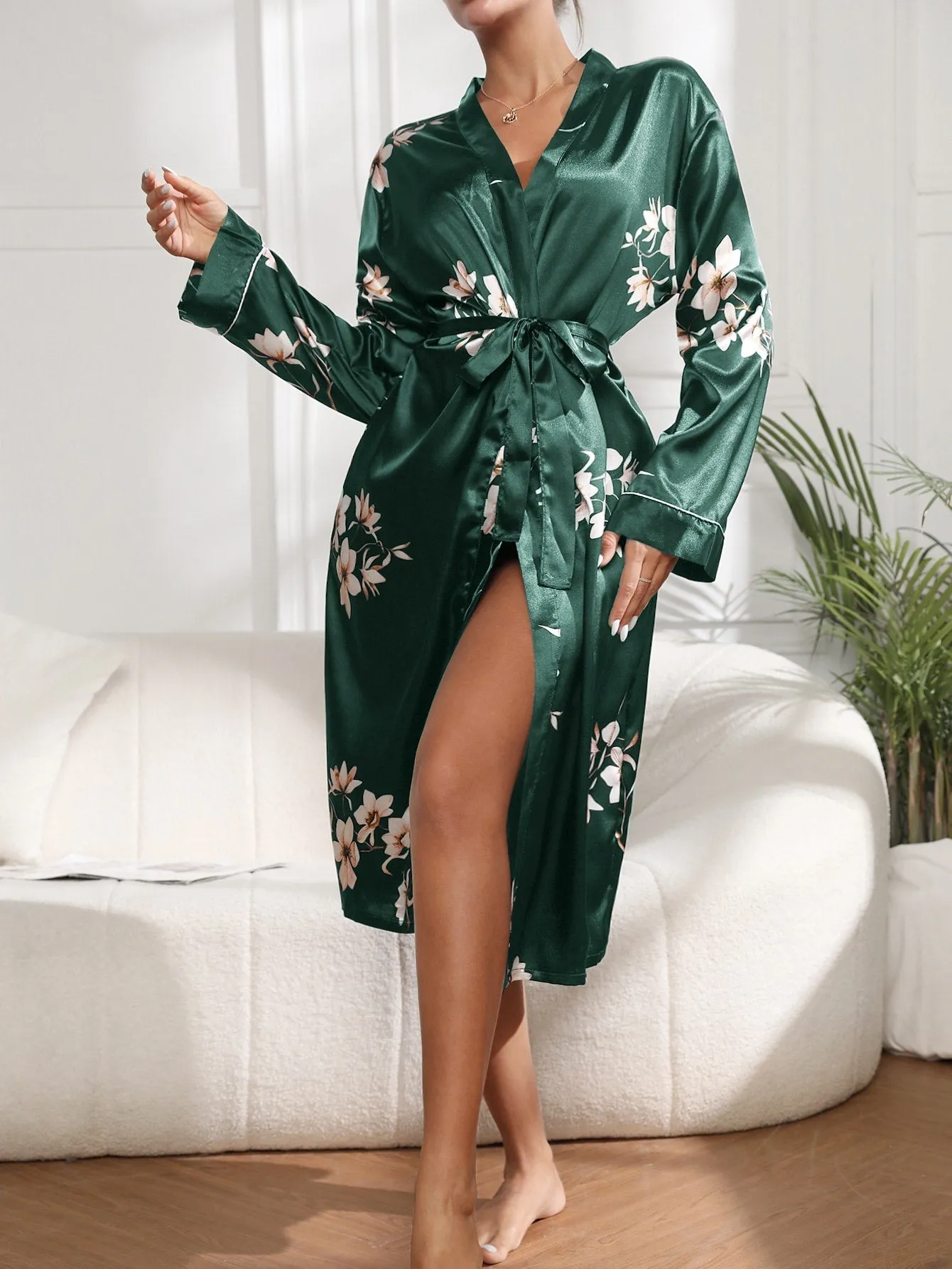 Floral Print Belted Satin Robe