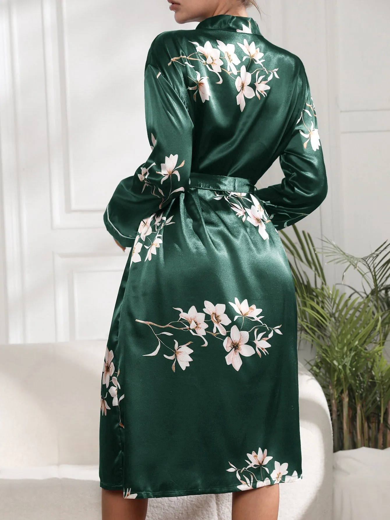 Floral Print Belted Satin Robe
