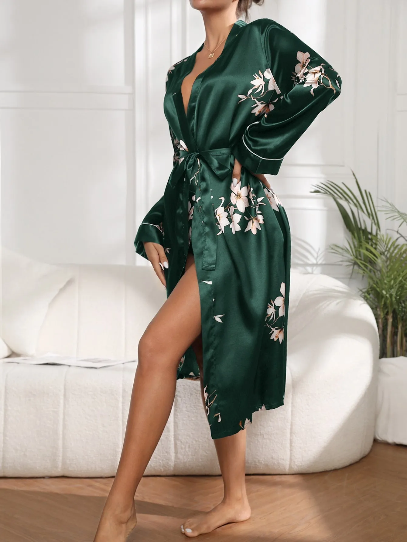 Floral Print Belted Satin Robe