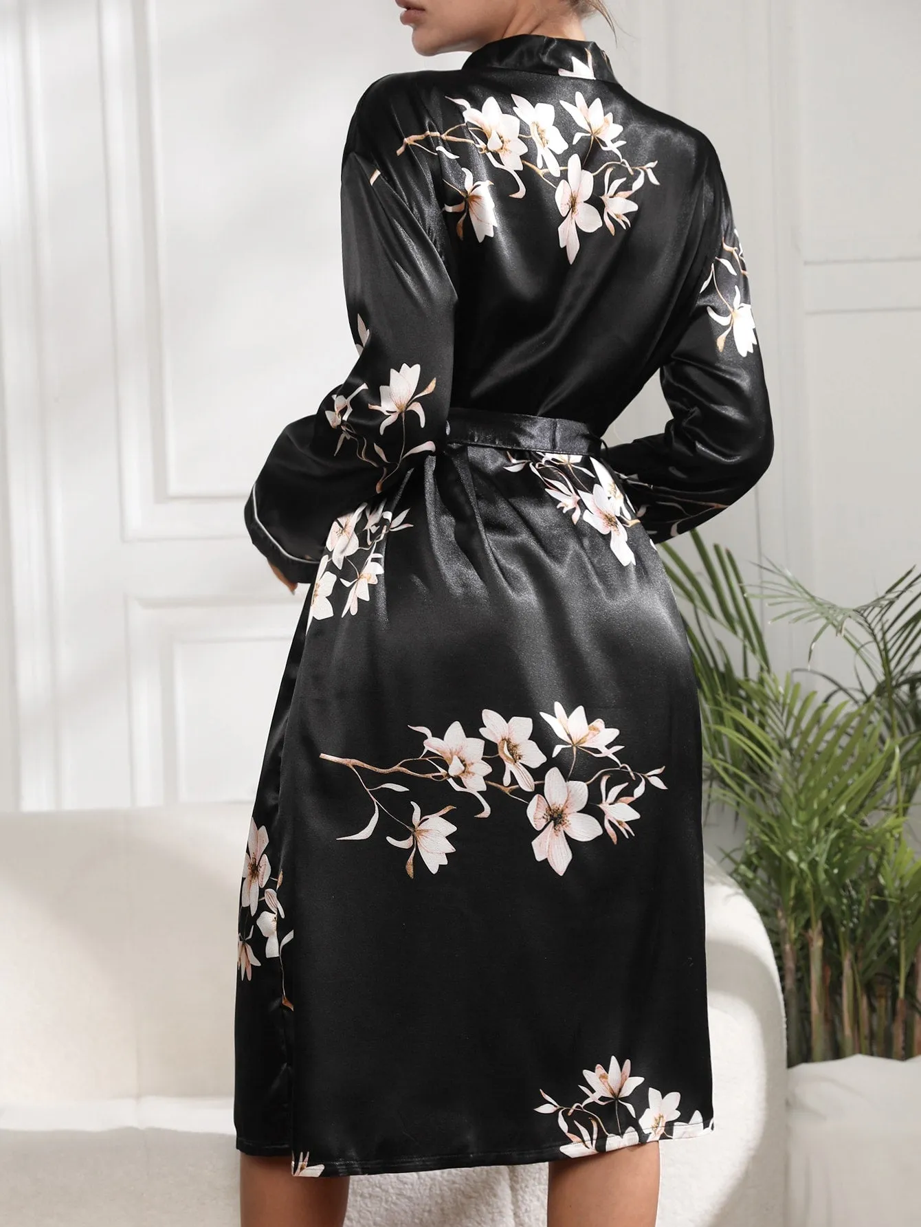 Floral Print Belted Satin Robe
