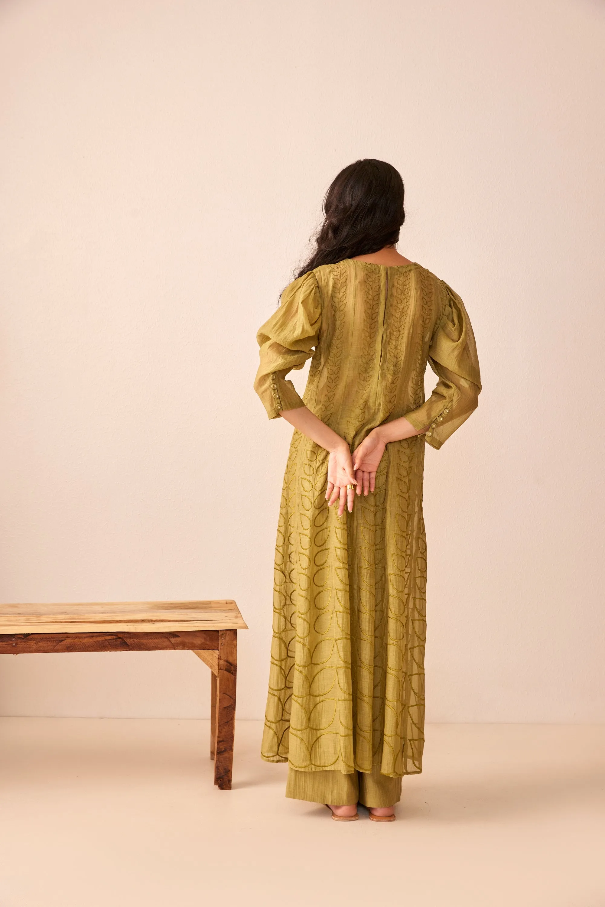 Green chanderi silk embroidered kalidar kurta set