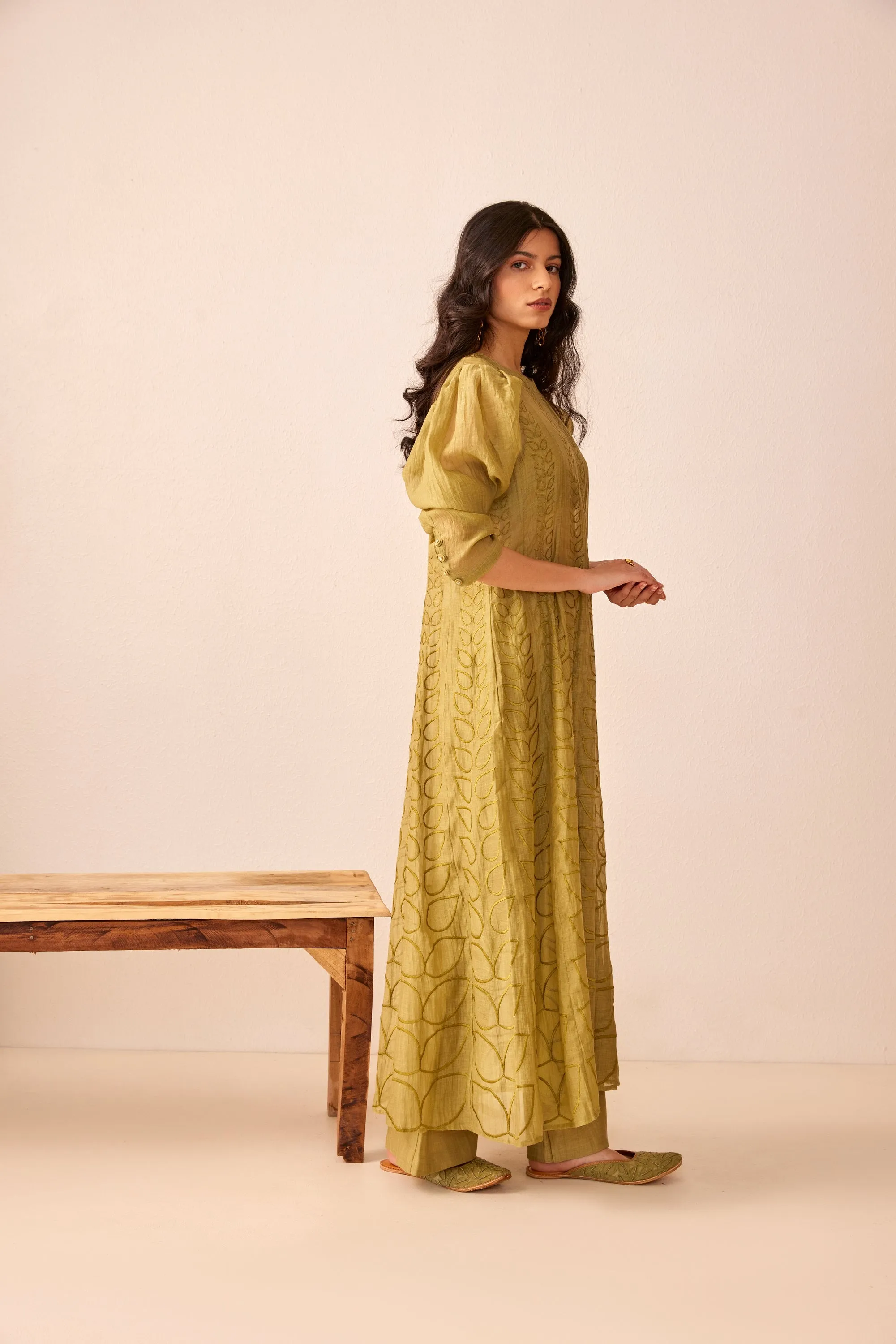 Green chanderi silk embroidered kalidar kurta set