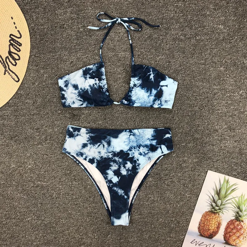 Haler Bandeau Tie-dye High Rise Thong Bottom Bikinis