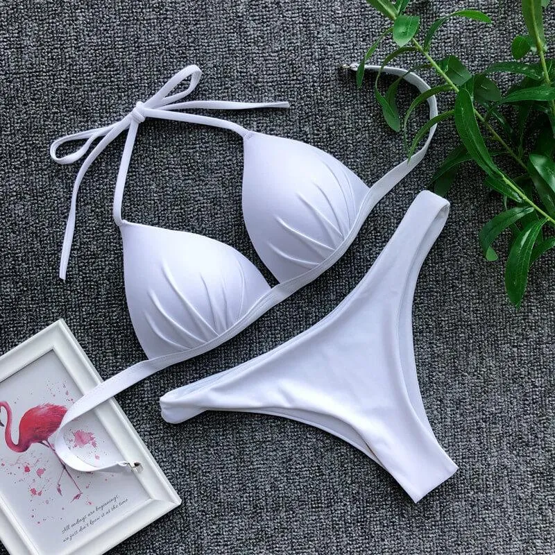 Halter Bright Color Bandage Thong Bottom Bikinis