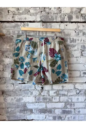 Hibiscus Printed Recycle Nylon Swim Trunks - Sand