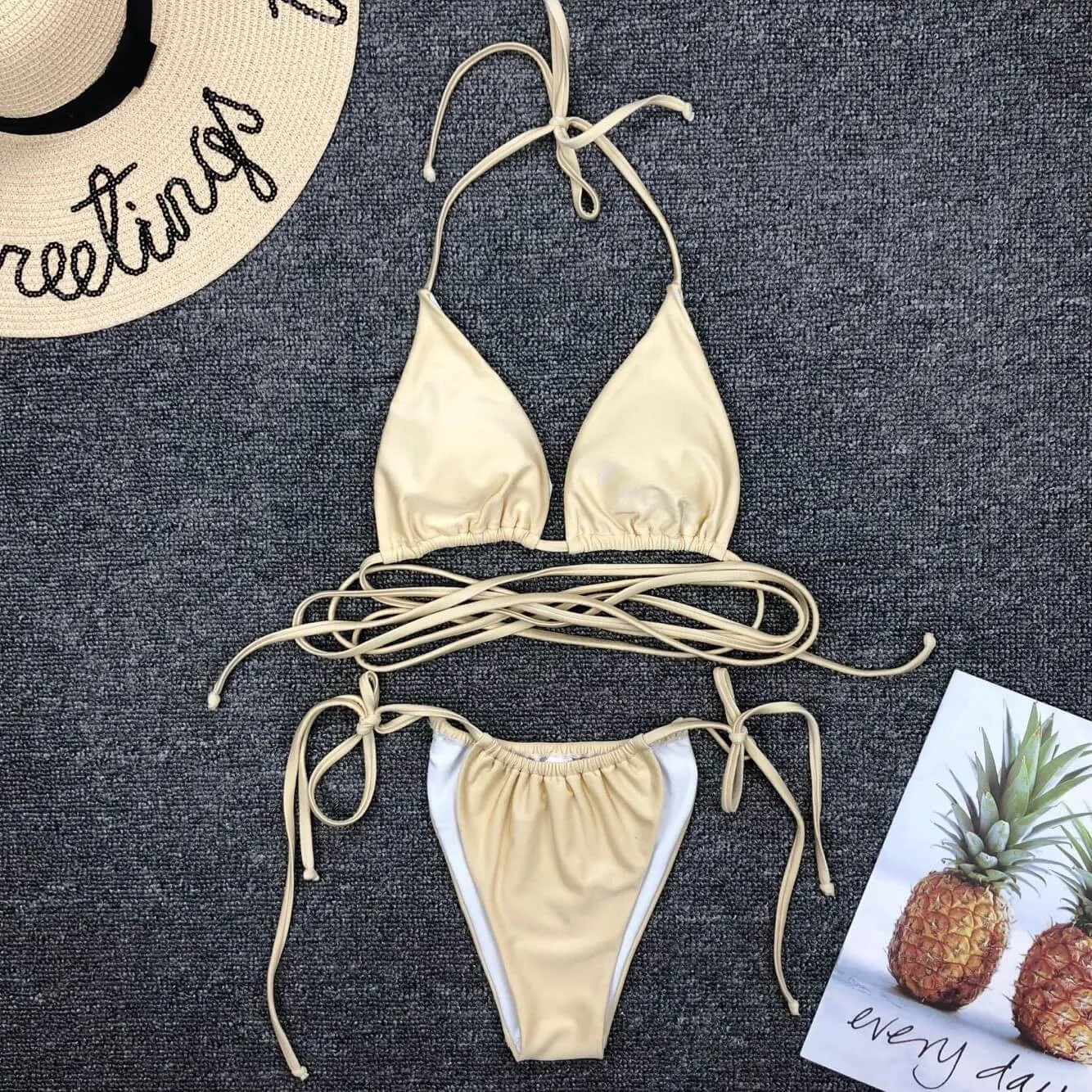 Hot Halter Plain Bandeau Thong Bottom Bikinis