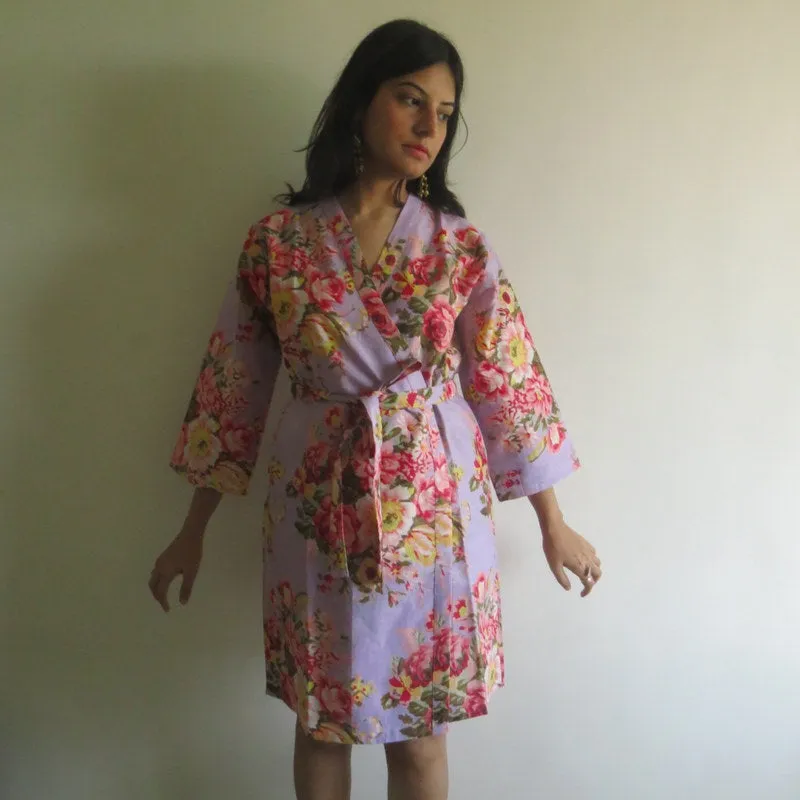 Lilac Floral Knee Length, Kimono Crossover Belted Robe