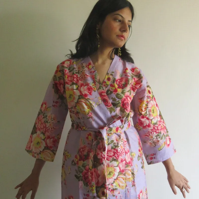 Lilac Floral Knee Length, Kimono Crossover Belted Robe