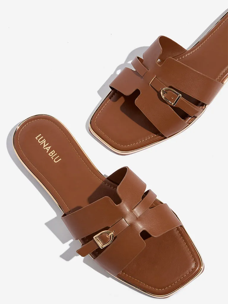 LUNA BLU Brown Belt-Detailed Slides