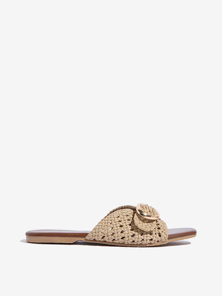 LUNA BLU Ivory Rattan Weave Buckled Slides